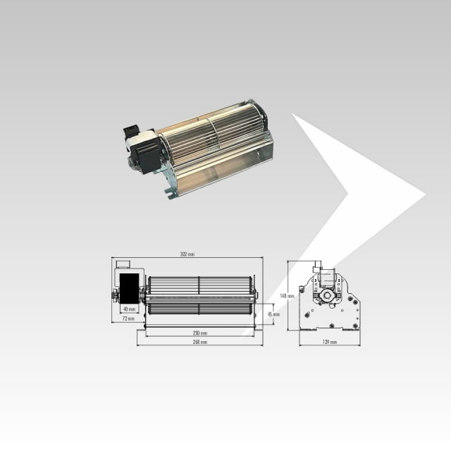 Tangentialventilator Trial ø 80 mm L.230 mm Motor links -Tangential-Luftabzug mit Motor links Trial -Tangentiales Warmluftabzugssystem Trial für Pelletöfen -Tangentialventilator für den Ausstoß von Warmluft Trial -Horizontaler Raumluftventilator Trial für Pelletöfen