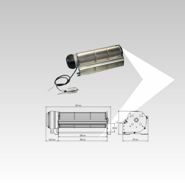 Tangentialventilator Trial ø 80 mm L.283 mm Motor links -Tangentialer Luftabzug mit Motor links Trial -Tangentiales Warmluftabzugssystem Trial für Pelletöfen -Tangentialventilator zum Ausblasen von Warmluft Trial -Horizontaler Warmluftventilator Raumluft Trial für Pelletöfen