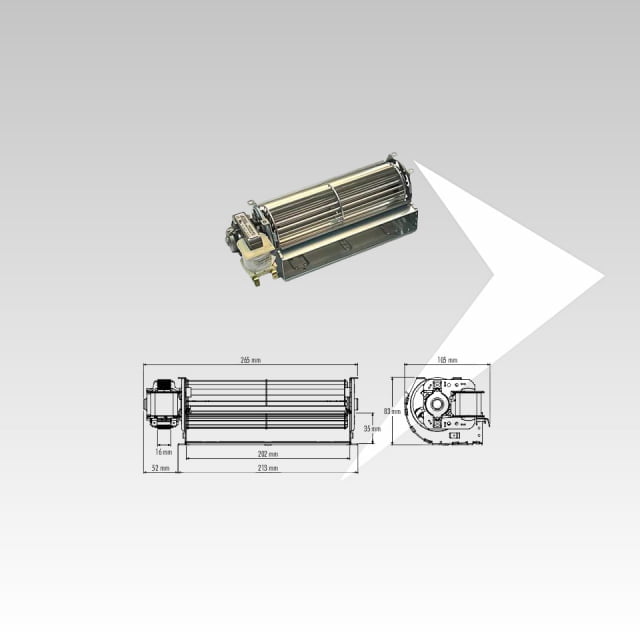 Tangentialventilator Trial 60 mm L.202mm Sx -Tangential-Luftabsaugung Trial -Tangentiales Warmluftabsaugsystem Trial für Pelletöfen -Tangentialventilator zum Ausblasen von Warmluft Trial -Horizontaler Warmluftventilator Raumluft Trial für Pelletöfen