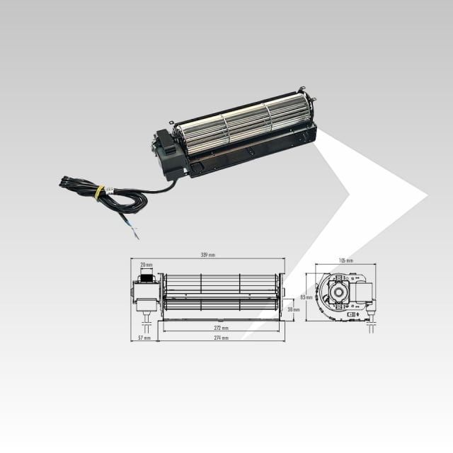 Tangentialventilator Trial ø 60 mm L.272 mm Sx -Tangential-Luftabsaugung mit Linksmotor Trial -Tangentiales Warmluftabsaugsystem Trial für Pelletöfen -Tangentialventilator zum Ausblasen von Warmluft Trial -Horizontalventilator Warmluft Raumluft Trial für Pelletöfen