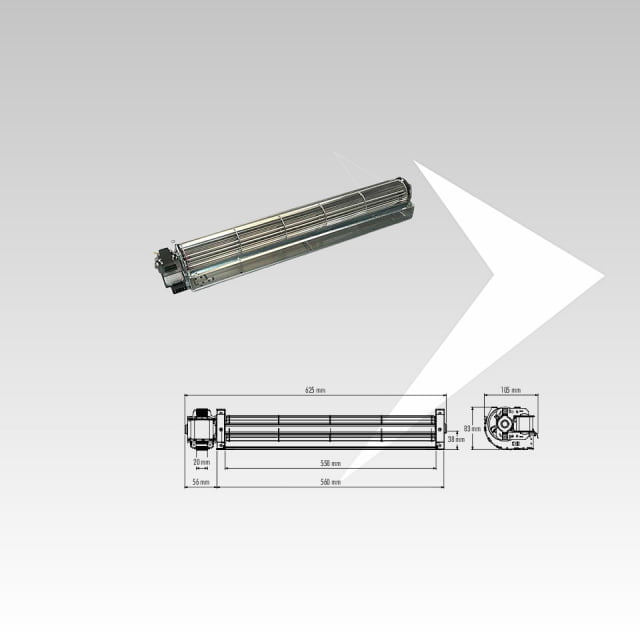 Tangentialventilator Trial ø 60 mm L.558 mm Sx -Tangential-Luftabsaugung mit Linksmotor Trial -Tangentiales Warmluftabsaugsystem Trial für Pelletöfen -Tangentialventilator zum Ausblasen von Warmluft Trial -Horizontalventilator Warmluft Raumluft Trial für Pelletöfen