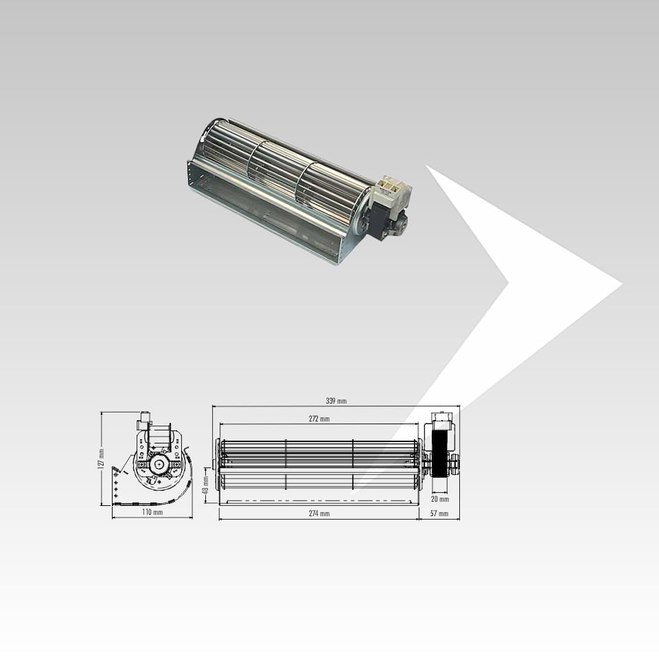 Ventilateur tangentiel Trial ø 65 mm L.272 mm p - Extracteur d’air tangentiel Trial -Système d’extraction d’air chaud tangentiel Trial pour poêles à pellets - Ventilateur tangentiel pour l’expulsion d’air chaud Trial -Ventilateur horizontal air chaud ambiant Trial pour poêle à pellets