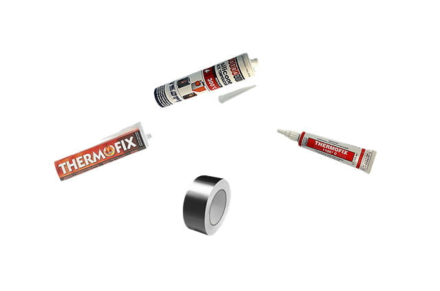ADHÉSIFS ET PRODUITS D'ÉTANCHÉITÉ - Silicones et adhésifs haute température en cartouches de 310 ml tubes de 70 ml et 17 ml - Rubans adhésifs en aluminium et fibre de verre - Liquide nettoyant pour vitres de 500 ml et 1000 ml